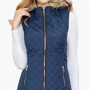 Navy Quilted Zip-Up Vest with Removable Hood